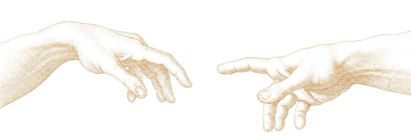 Due mani incise che si avvicinano, firma visiva Fidus